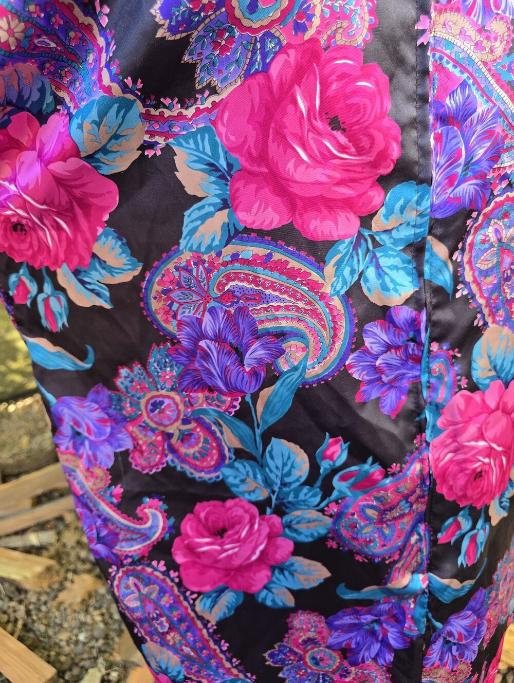 Vtg 80's Floral Paisley Satin Housecoat Muumuu Dress Maximalist Whimsigoth Glam - Picture 10 of 11